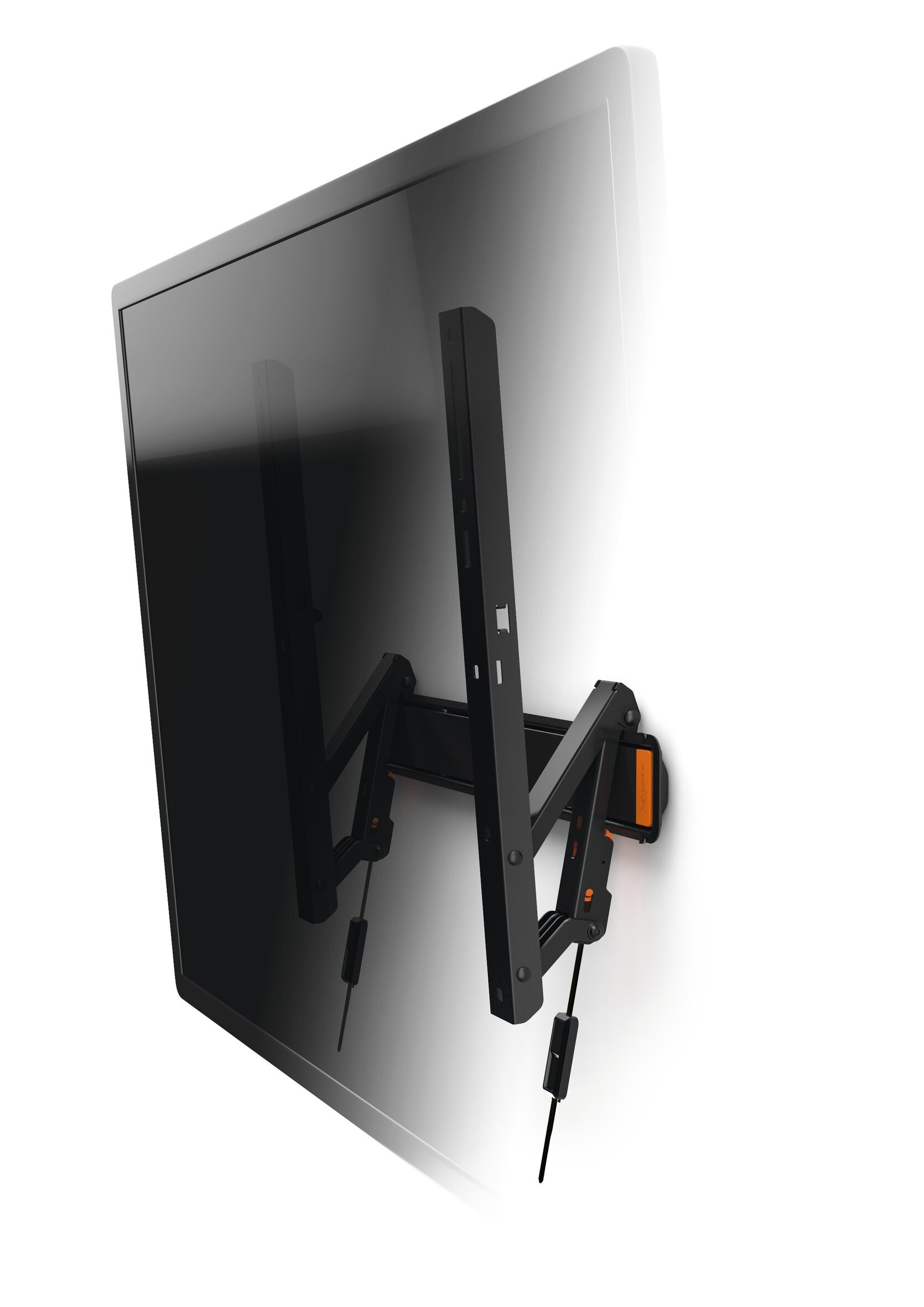 Telewizor zamontowany na ścianie z czarnym uchwytem, widok pod kątem.