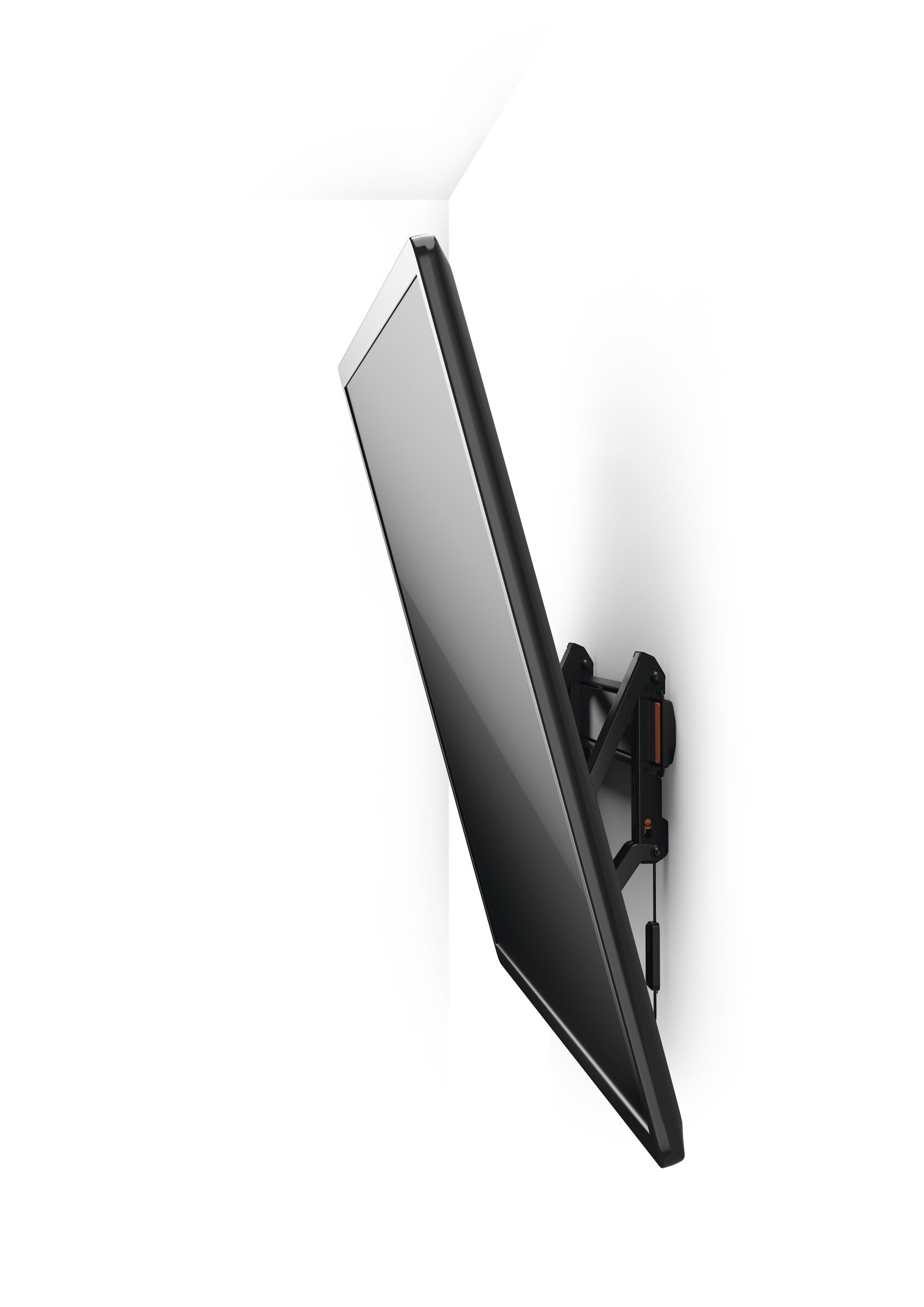 Czarny ekran telewizora zamontowany na białej ścianie z czarno-pomarańczowym wspornikiem.