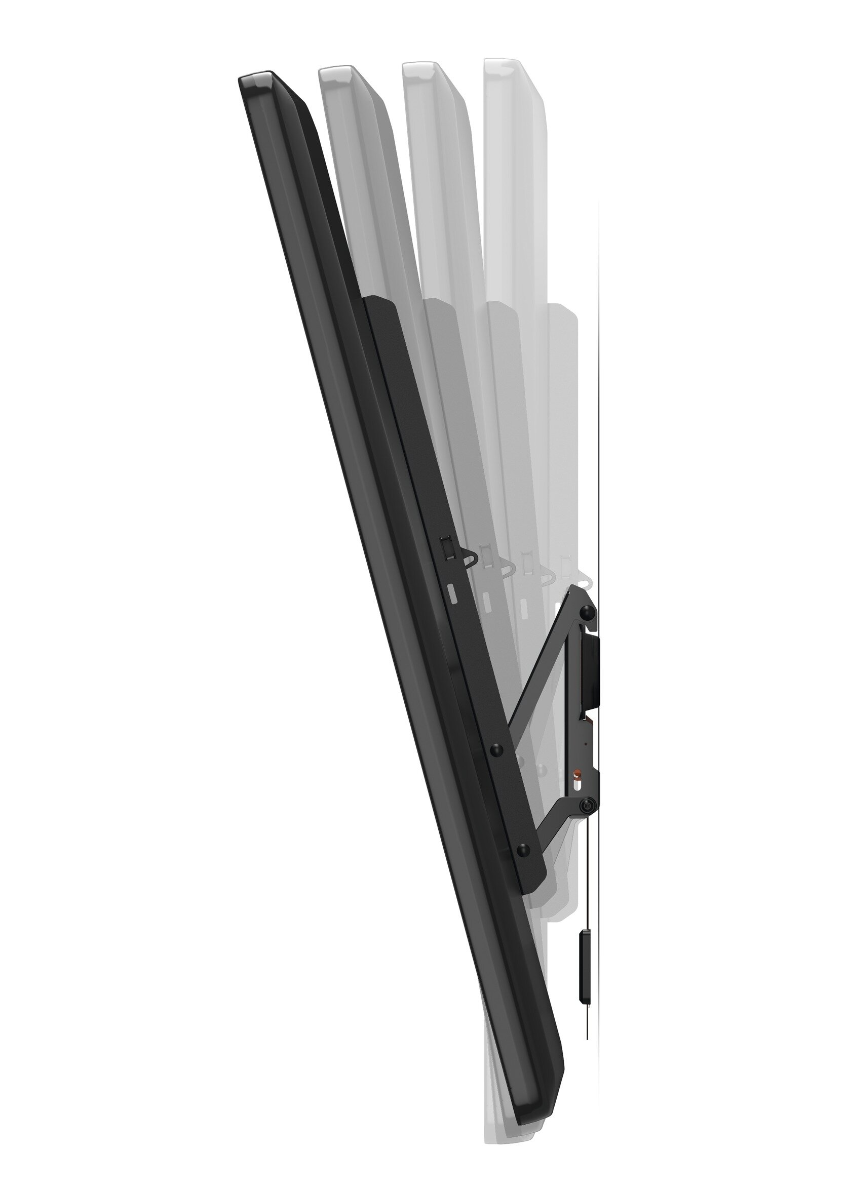 Telewizor i uchwyt montowane do ściany, czarne. Uchwyt umożliwia pochylanie telewizora.