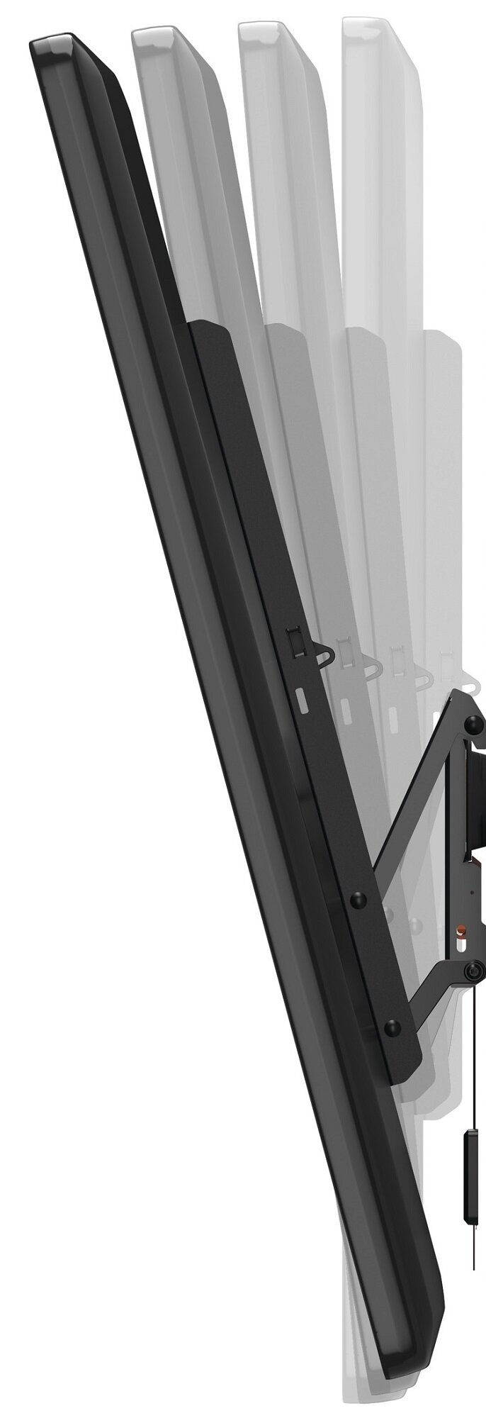 Czarny ekran telewizora zamontowany na ścianie z regulowanym ramieniem, ekran jest pochylony.