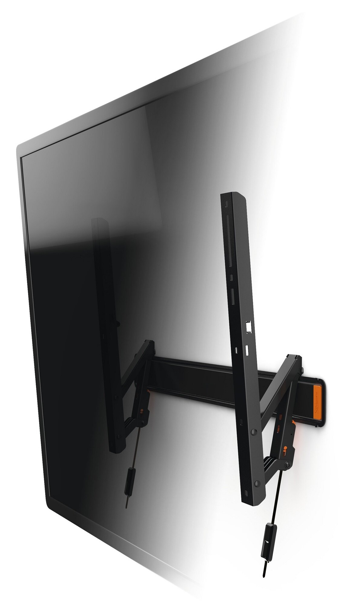 Duży czarny telewizor zamontowany na białej ścianie, z czarnym przegubowym ramieniem i kablami.