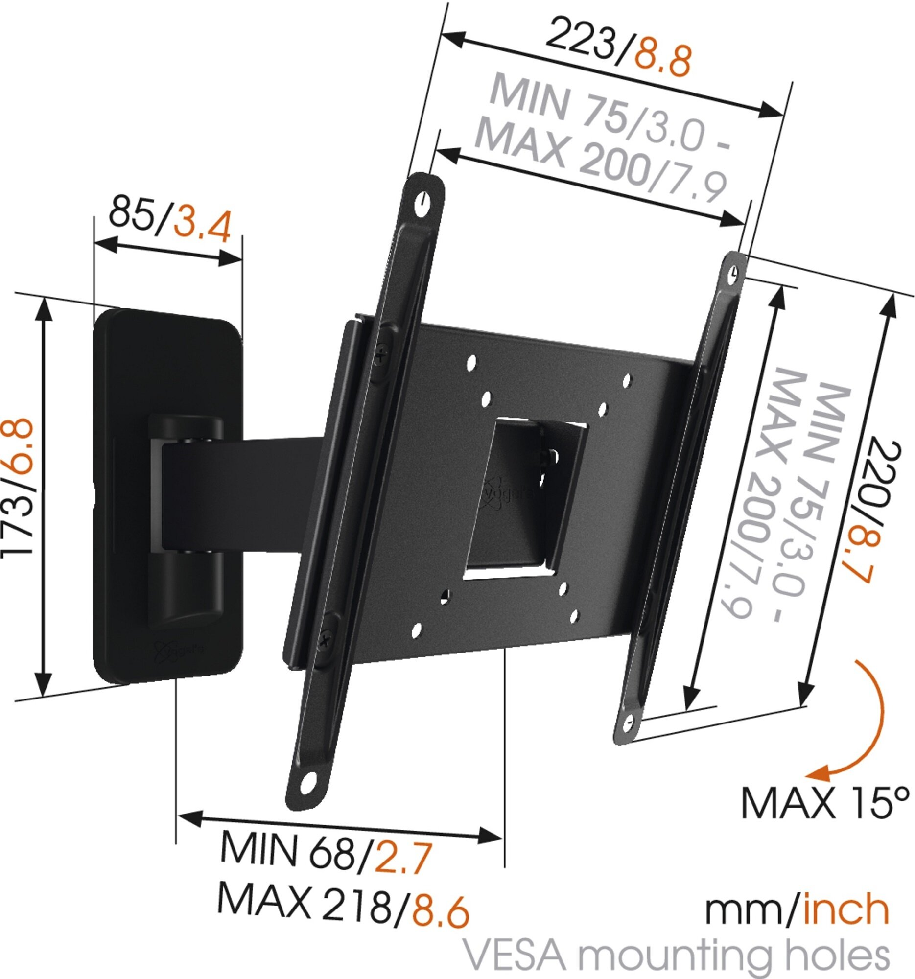 Czarny uchwyt ścienny do TV z wymiarami, otworami VESA i pomiarami.