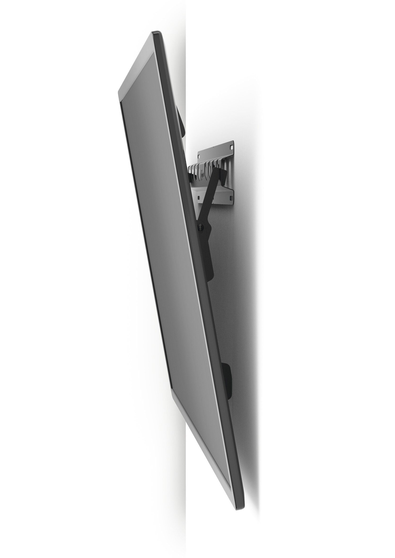 Telewizor zamontowany na ścianie. Telewizor jest pod kątem, pokazując widok z boku.