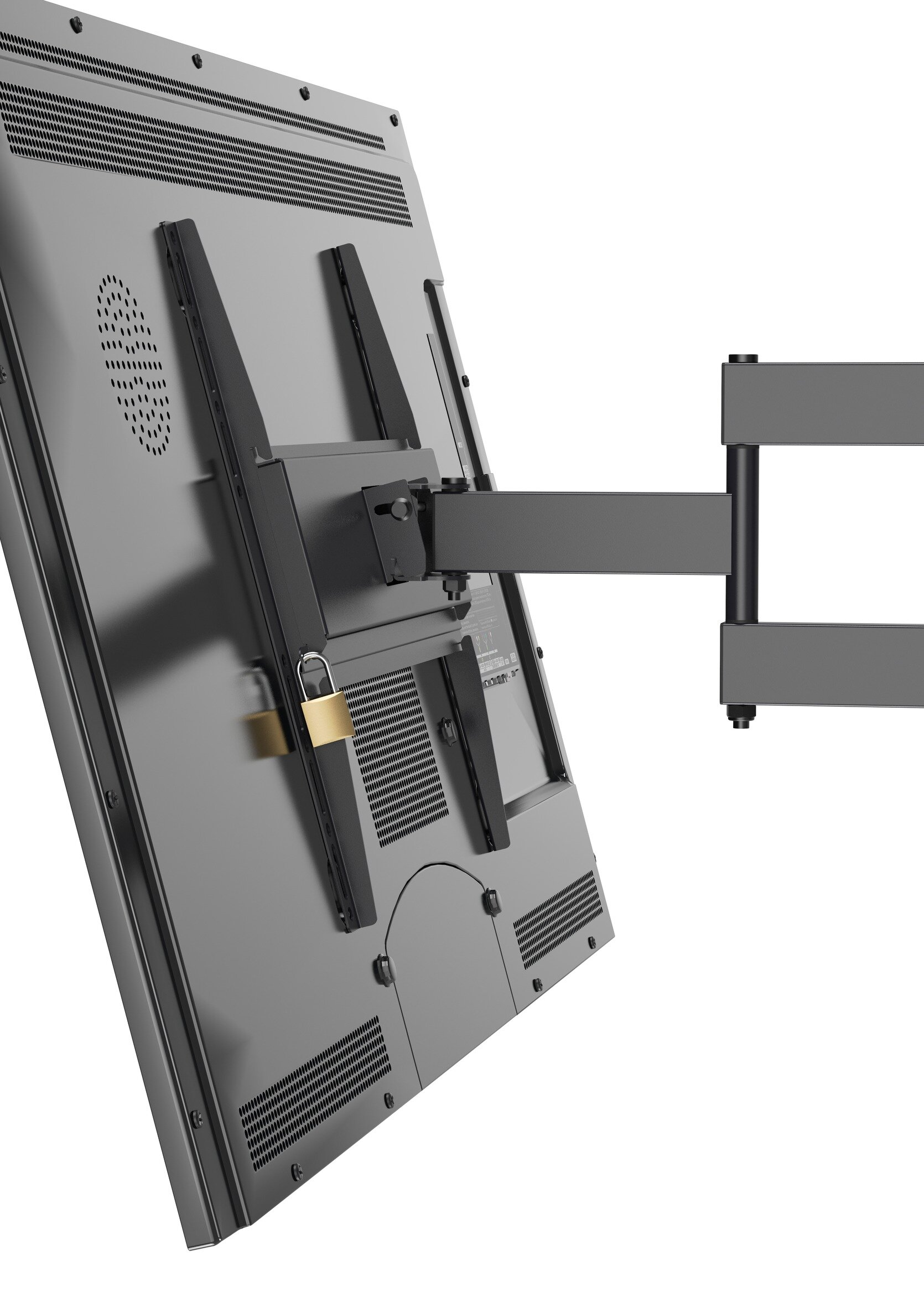 Telewizor przymocowany do uchwytu ściennego. Uchwyt jest szary, z kłódką.