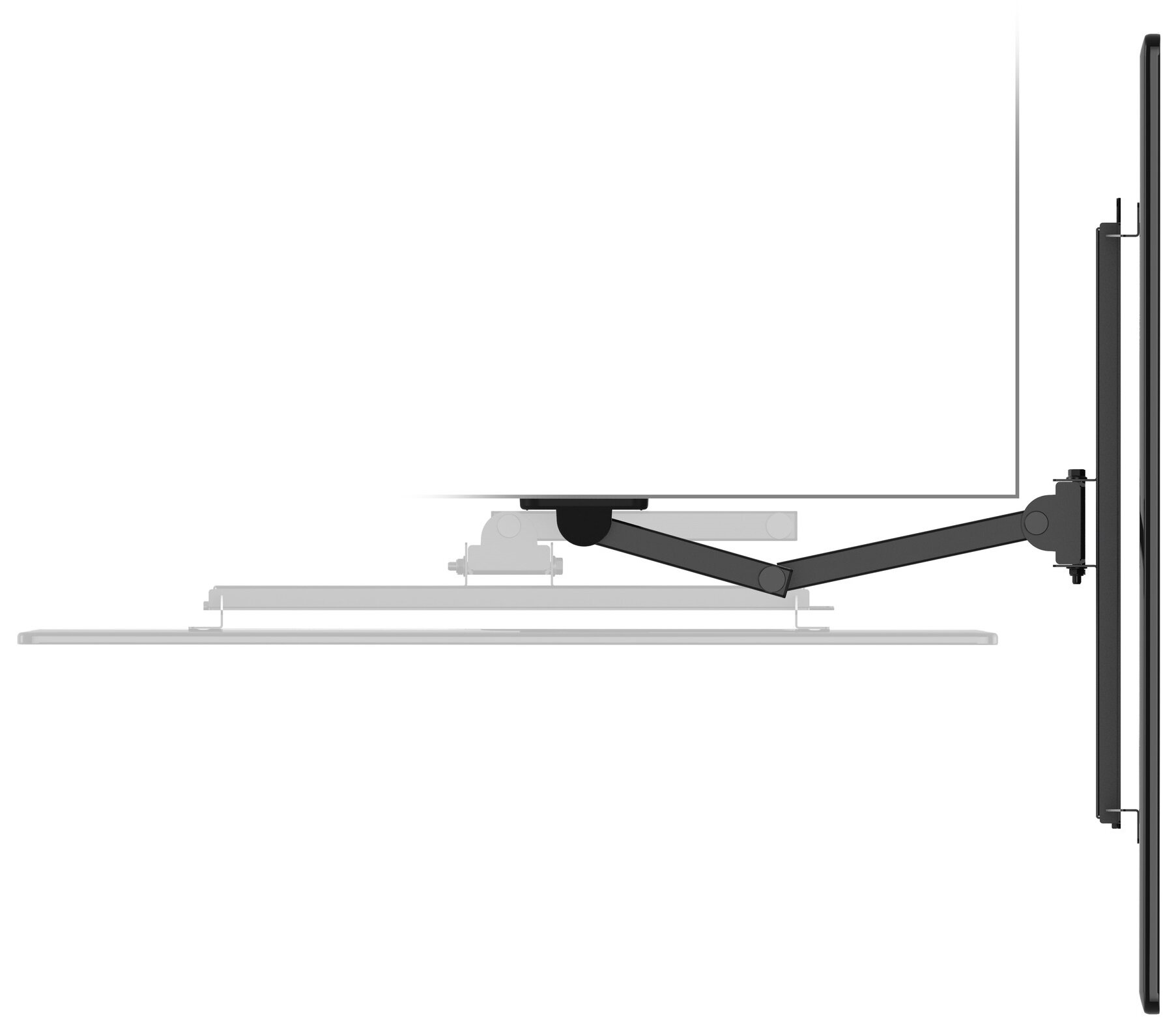Widok z boku telewizora z czarnym uchwytem na białym tle.