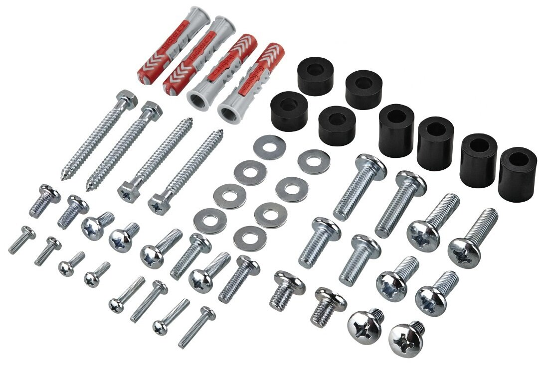 Śruby, kołki, podkładki i przekładki na białym tle.