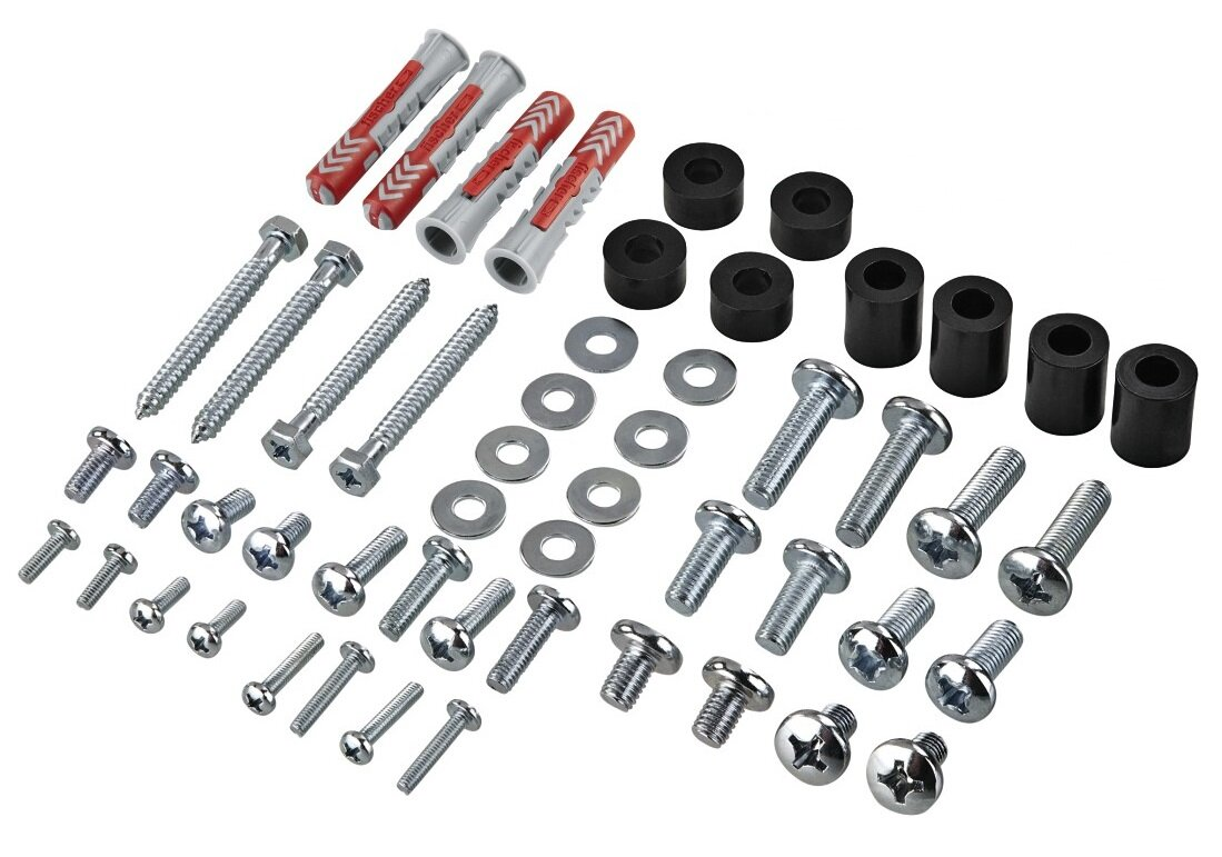 Zbiór śrub, śrub, podkładek i innych elementów.
