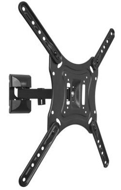 Czarny, przegubowy uchwyt ścienny do telewizora. Ma wiele ramion i centralną płytę montażową z różnymi otworami na śruby.
