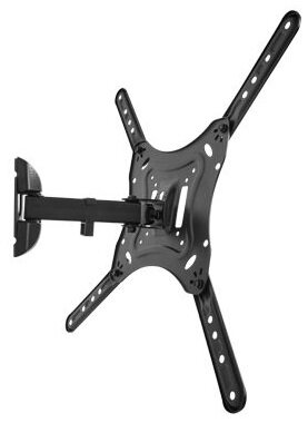 Czarny uchwyt ścienny do telewizora. Ma wiele ramion i otworów do regulacji.