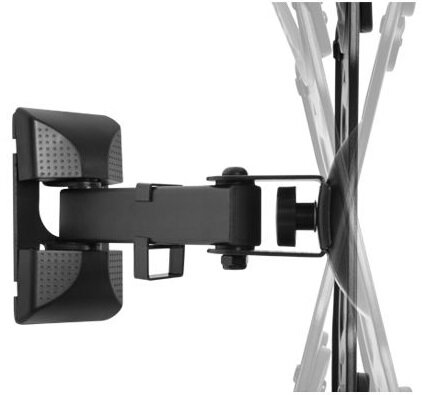 Czarny wspornik ścienny. Ma wiele przegubów i pokrętło do regulacji. Części są montowane do ściany i do pionowego pręta.