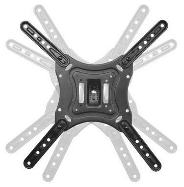 Czarny uchwyt ścienny do telewizora z regulowanymi ramionami, na białym tle.