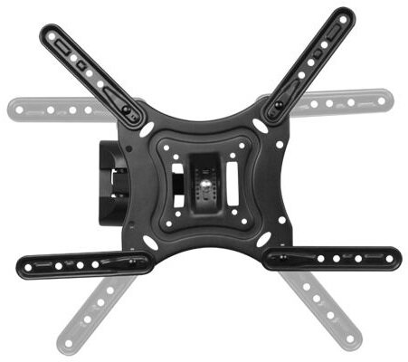 Czarny uchwyt ścienny do telewizora. Ma centralną płytę z czterema ramionami wychodzącymi na zewnątrz. Każde ramię ma regulowane części i wiele otworów.
