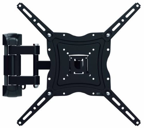 Czarny uchwyt ścienny do telewizora. Jest to uchwyt obrotowy z wieloma przegubowymi ramionami.