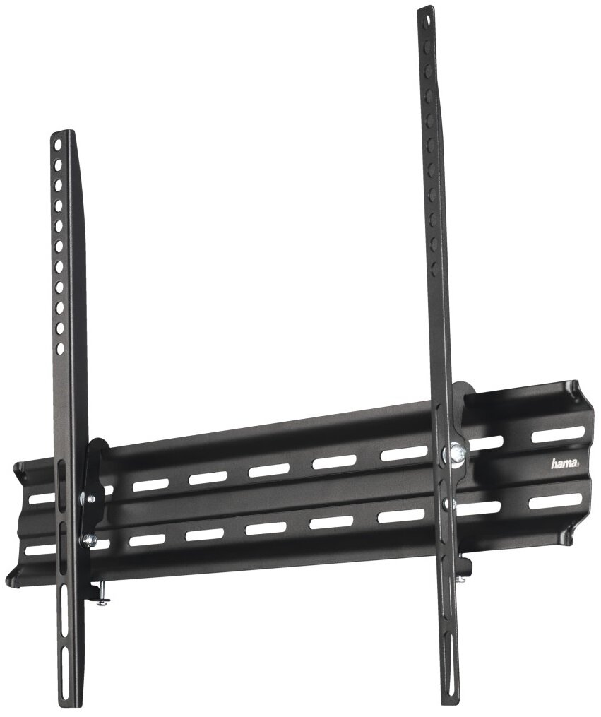 Czarny uchwyt ścienny do telewizora z dwoma pionowymi szynami i poziomym prętem, wszystkie z otworami.