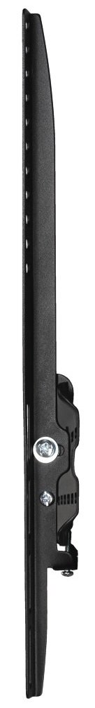 Czarny uchwyt ścienny do telewizora, widok z boku, z widocznym osprzętem montażowym, na białym tle.