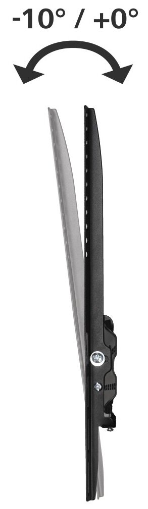 Telewizor zamontowany na ścianie, pod kątem. Strzałki pokazują zakres regulacji od -10 do +0 stopni.