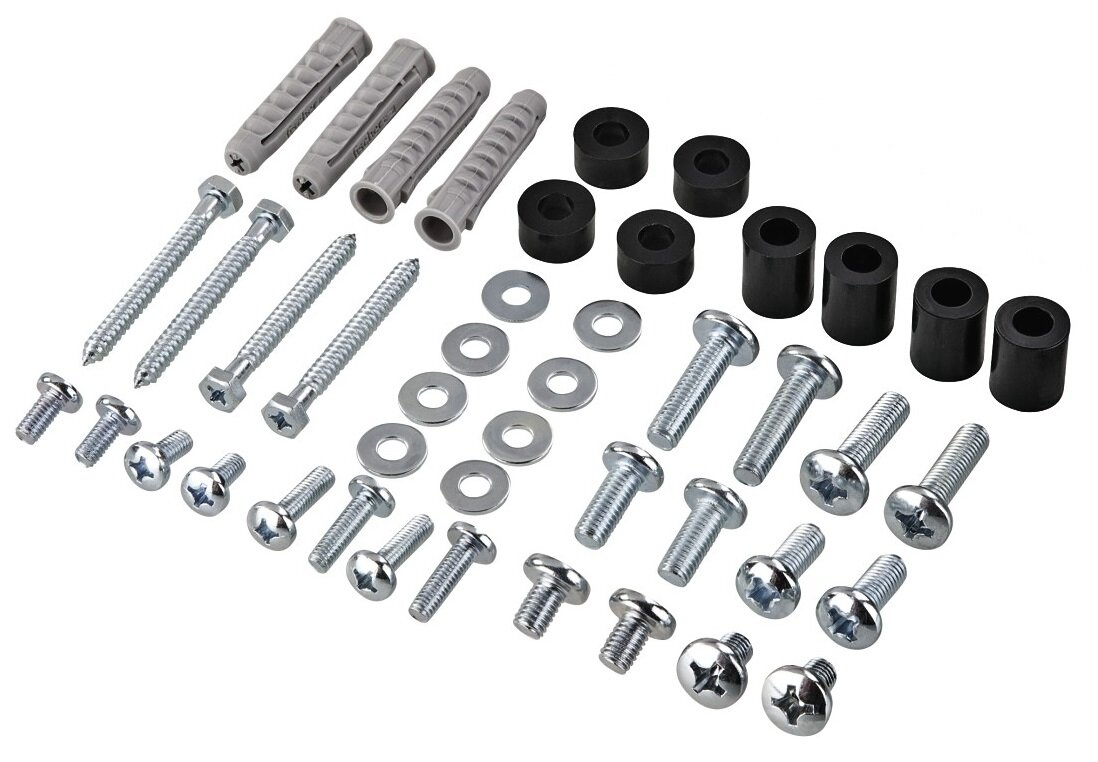 Różne śruby, kołki i podkładki. Są ułożone w kilku rzędach na białym tle.