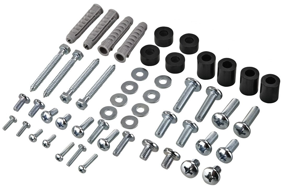 Asortyment śrub, śrub, podkładek i kołków. Kolory srebrny i szary, różne rozmiary.