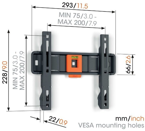 Czarny i szary uchwyt TV z wymiarami. Zawiera pomarańczową poziomicę i tekst mm/cale.