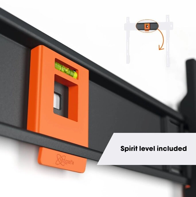 Poziomica z pomarańczową ramką jest przymocowana do czarnego metalowego wspornika.