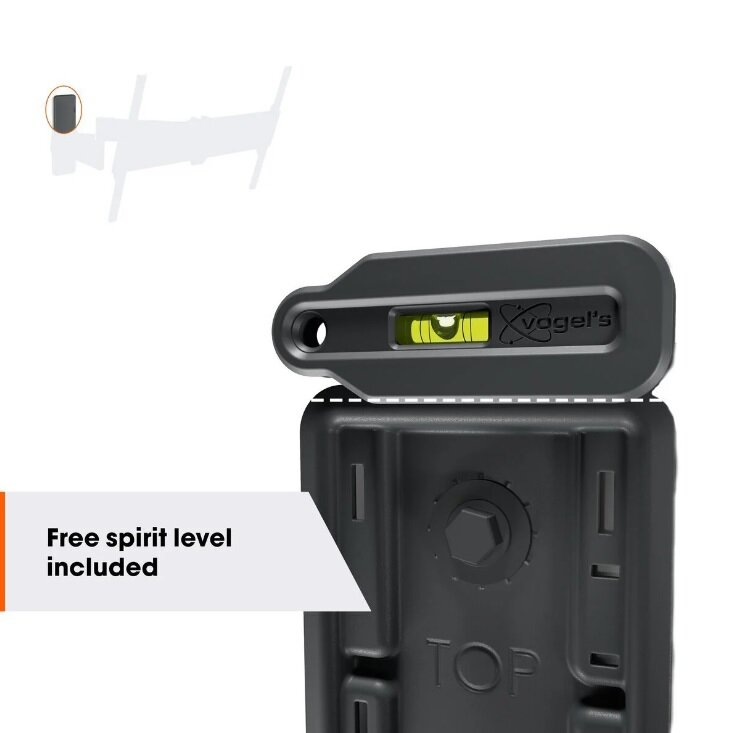 Czarny uchwyt ścienny do telewizora z poziomicą, widok z góry.