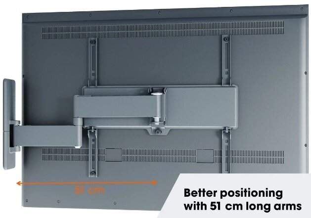 Widok z tyłu szarego telewizora z uchwytem montażowym i tekstem 'Better positioning with 51 cm'.
