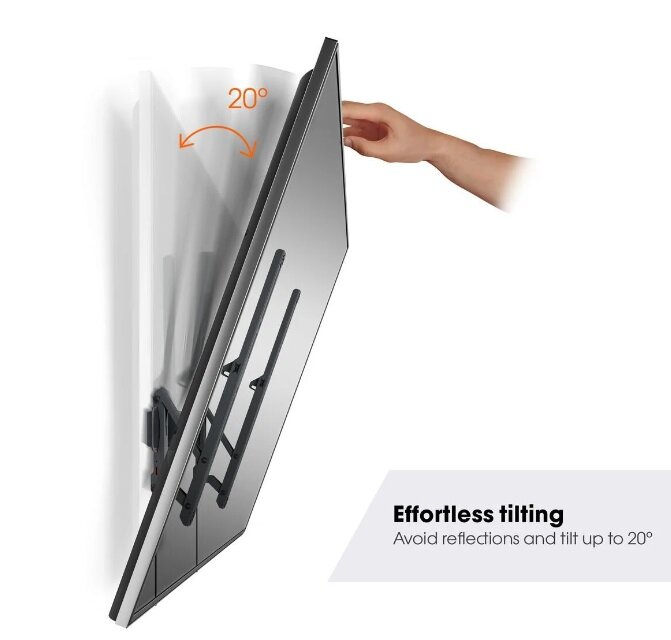 Osoba przechyla telewizor zamontowany na ścianie. Obraz pokazuje pochylenie o 20 stopni.