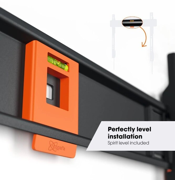 Zbliżenie poziomicy na uchwycie TV. Pomarańczowy. Tekst: Idealnie wypoziomowana instalacja.