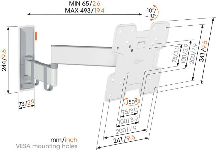 Biały uchwyt ścienny do TV z wymiarami i kątami. Wymiary VESA 75-200mm.
