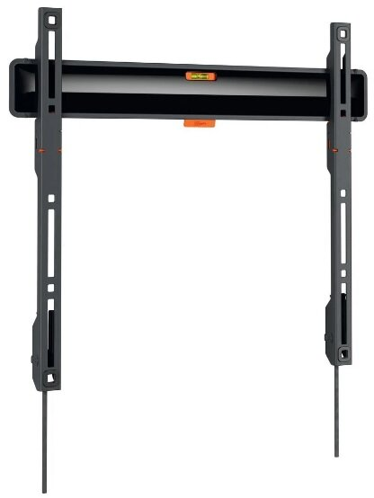 Czarny uchwyt do telewizora z dwoma pionowymi prętami, pomarańczową poziomicą i dwoma metalowymi prętami wystającymi w dół.