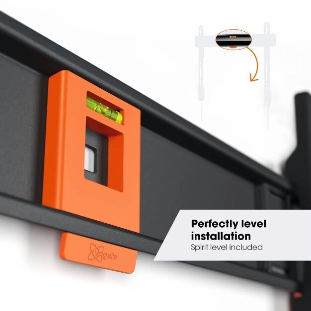 Pomarańczowa poziomica na czarnej konstrukcji. Tekst: 'Idealnie poziomy montaż, poziomica w zestawie'.