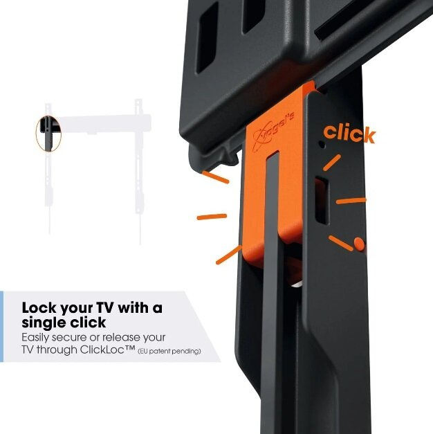 Zbliżenie mechanizmu blokującego uchwytu TV, z pomarańczowym elementem.