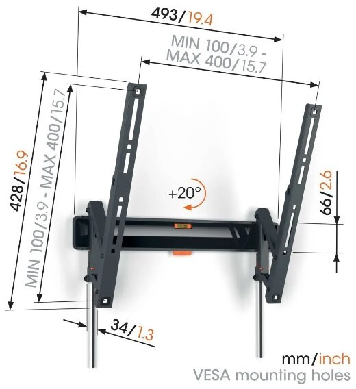 Uchwyt ścienny do telewizora z wymiarami i wskaźnikiem poziomu, zamontowany na ścianie.