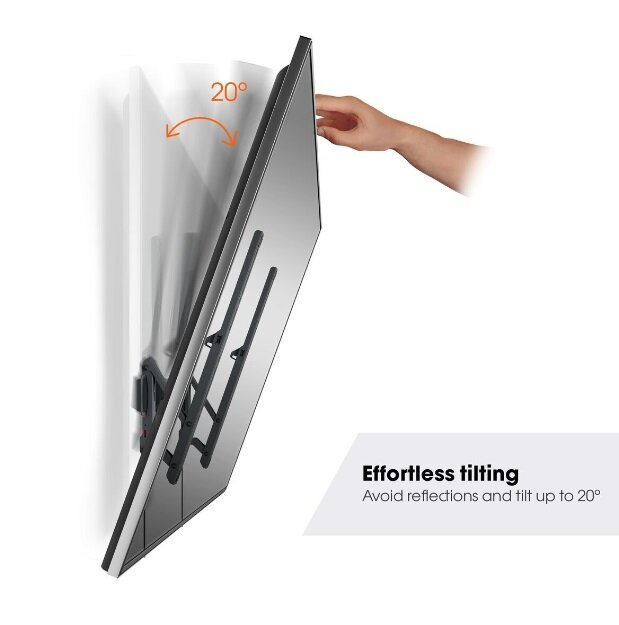 Telewizor zamontowany na ścianie, pochylany. Tekst wskazuje na bezproblemowe pochylanie do 20 stopni.