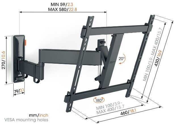 Czarny uchwyt ścienny do telewizora z wymiarami i kątami na białym tle.
