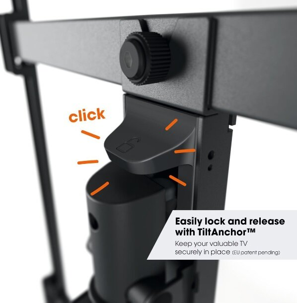 Zbliżenie czarnego uchwytu do telewizora pokazującego mechanizm blokowania i zwalniania.