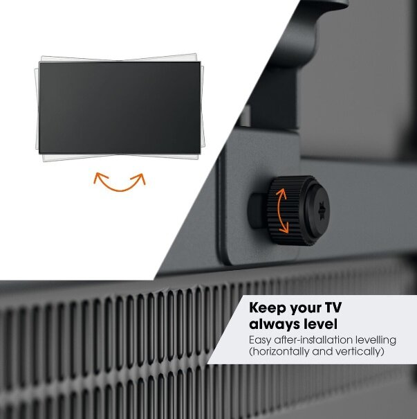 Zbliżenie pokazujące uchwyt do telewizora z tekstem: Zawsze trzymaj telewizor w poziomie