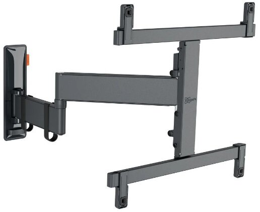 Czarny uchwyt ścienny do telewizora, ramiona przegubowe, zamontowany na białej ścianie.