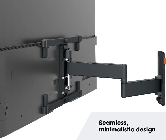 Telewizor zamontowany na czarnym uchwycie ściennym o minimalistycznym designie i tekście.