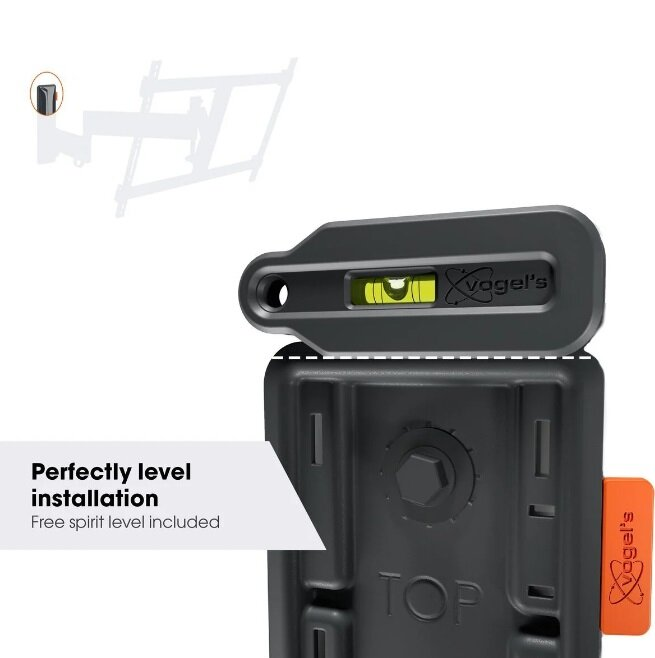 Zbliżenie poziomicy uchwytu TV. Widoczny poziom i tekst "Vogel's".