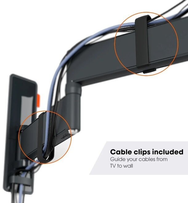 Kable są zabezpieczone czarnymi klipsami na czarnym ramieniu. Tekst: "Klipsy do kabli w zestawie".