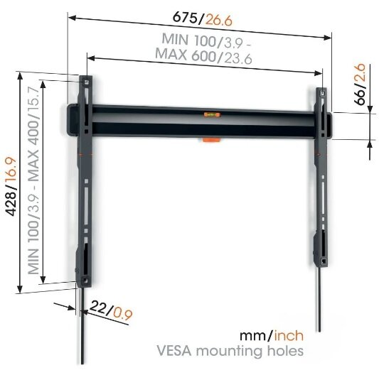Schemat czarnego uchwytu do telewizora z wymiarami i szczegółami otworów montażowych.