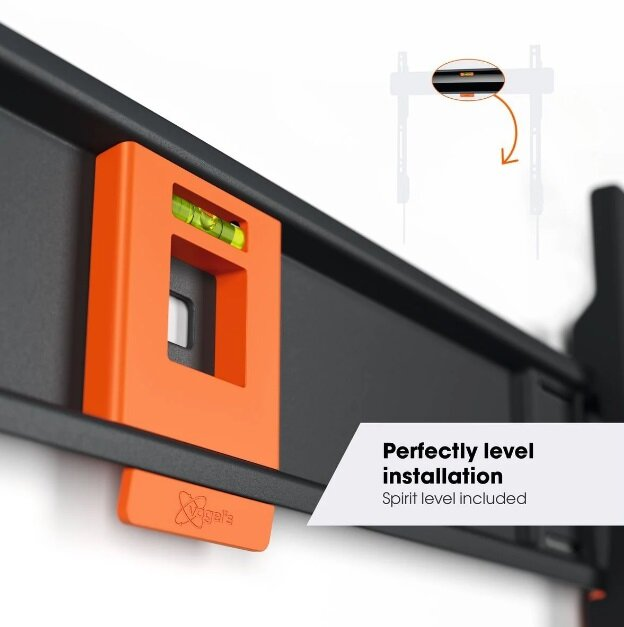 Pomarańczowe narzędzie poziomujące przymocowane do czarnego wspornika. Widoczna poziomica.