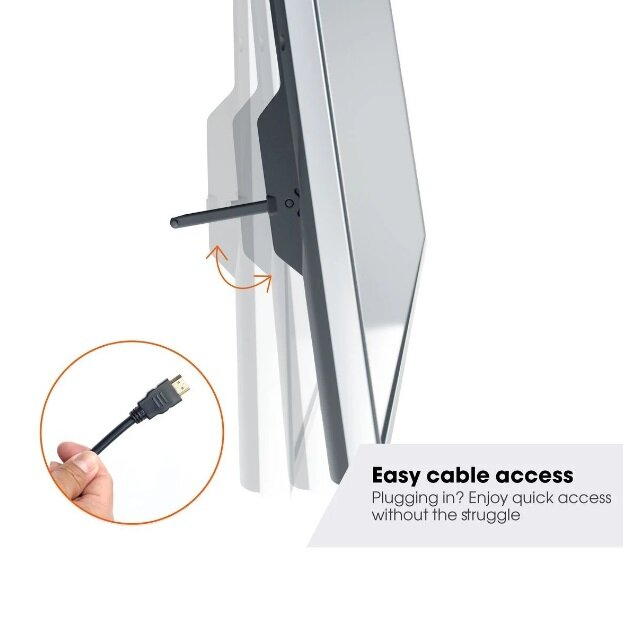 Ekran z dostępem do kabla, dłoń trzyma kabel HDMI.