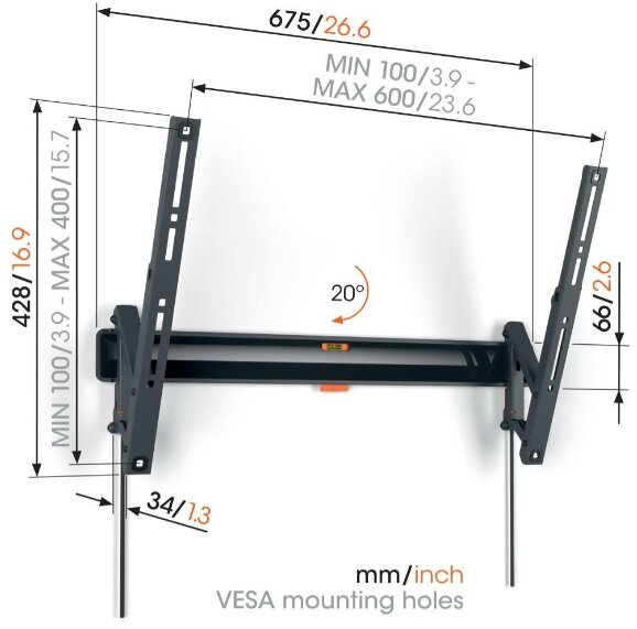 Czarny uchwyt ścienny do telewizora z wymiarami i wskaźnikiem poziomu, na białej ścianie.