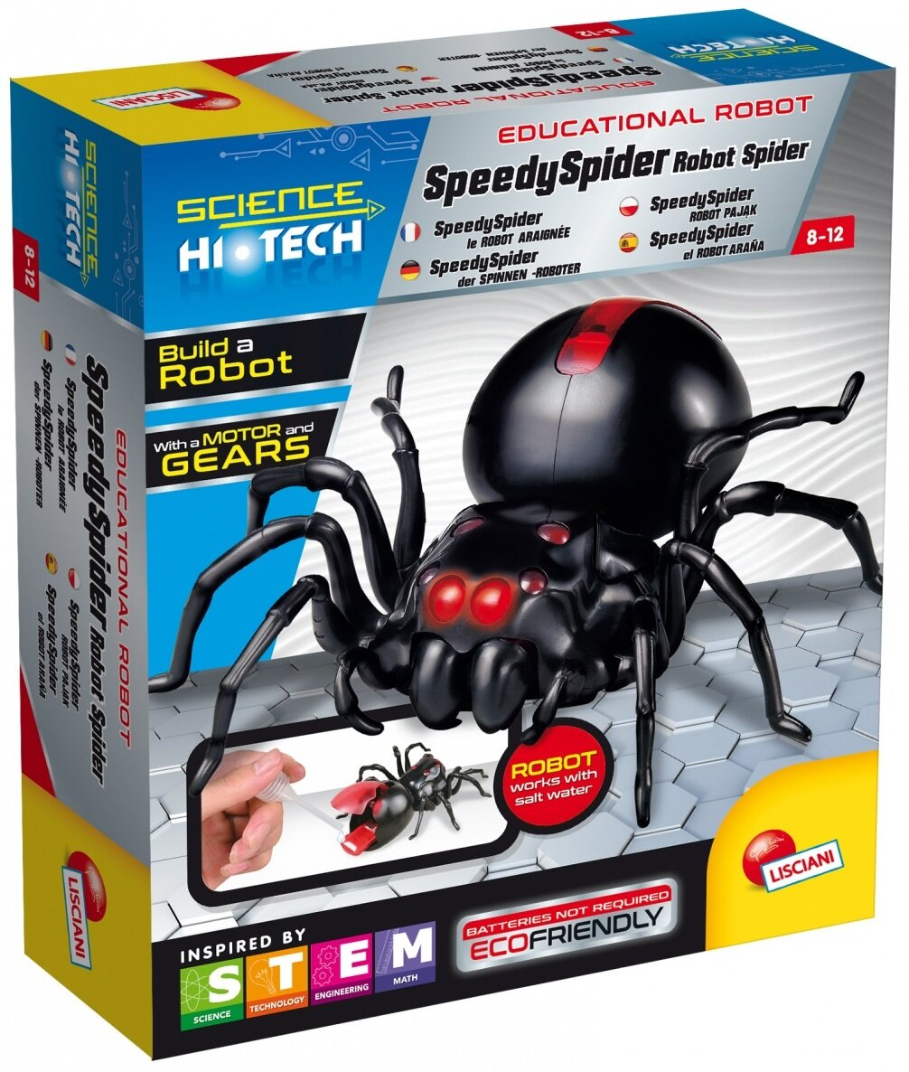 Opakowanie czarnego zestawu konstrukcyjnego robota pająka z czerwonymi akcentami i logo STEM.