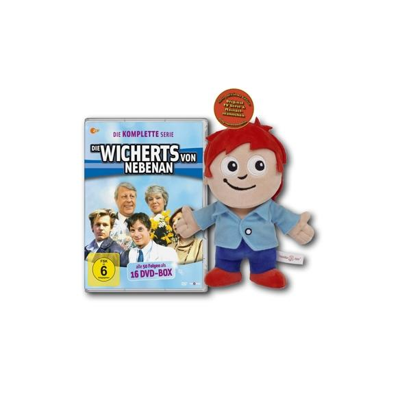 Eine DVD-Box mit der Serie "Die Wicherts von Nebenan" und einem Plüschtier.