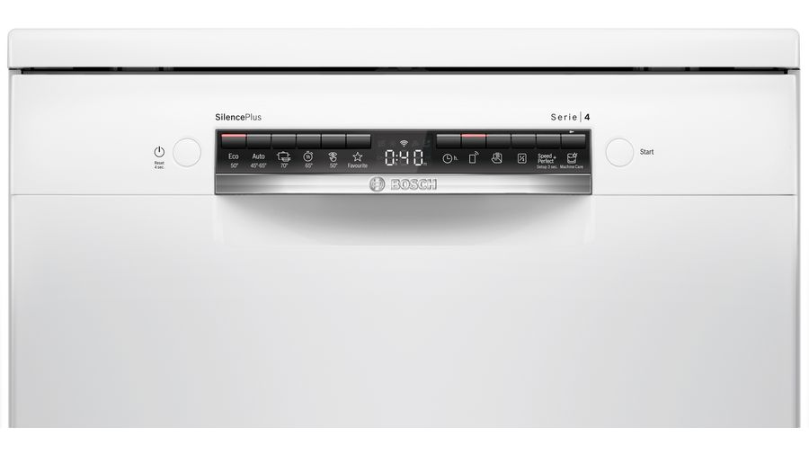 Frontal de lavavajillas blanco con botones, pantalla y logo Bosch.