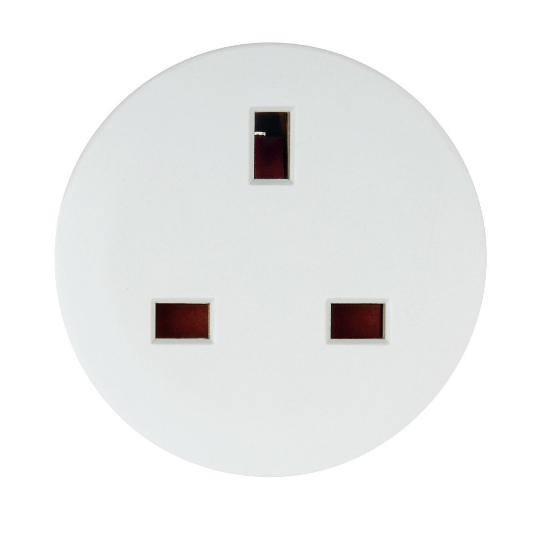 Białe gniazdko elektryczne z trzema prostokątnymi otworami. Otwory są ciemnoczerwone na białej, okrągłej powierzchni.