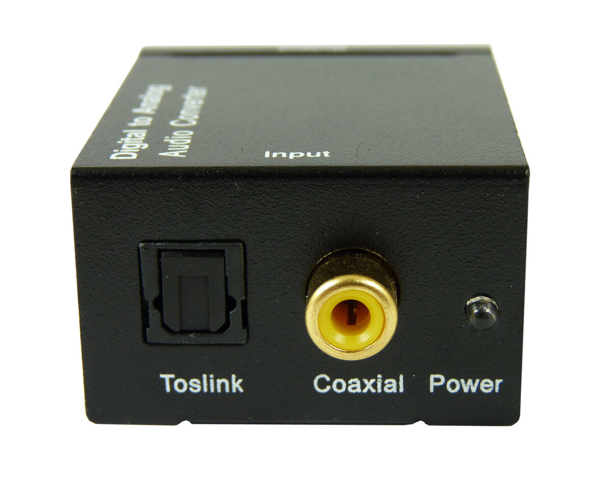 Czarny konwerter audio cyfrowo-analogowy z portami Toslink i koncentrycznym.